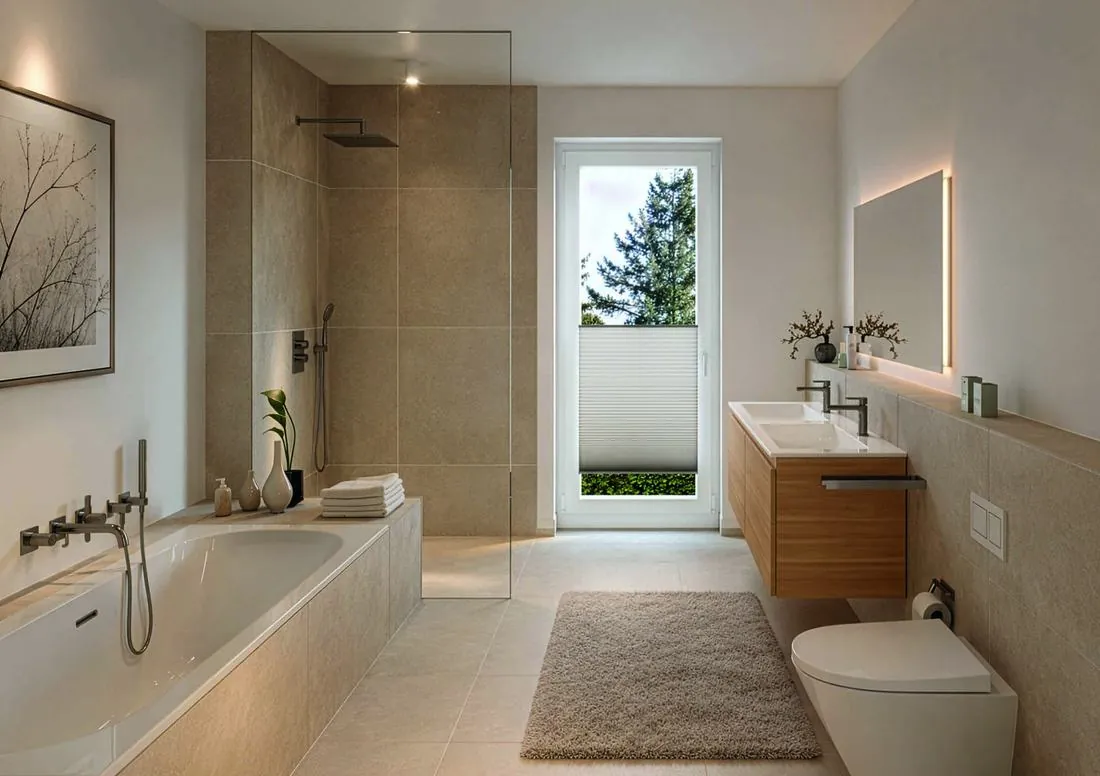 Hochwertiges Badezimmer mit freistehender Wanne und bodengleicher Dusche