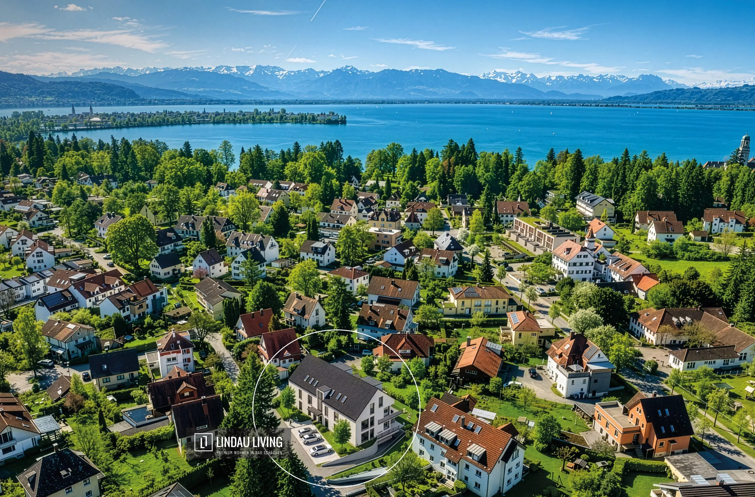 Luftaufnahme Bad Schachen mit Bodensee, Alpenpanorama und markierter Lage von LINDAU LIVING